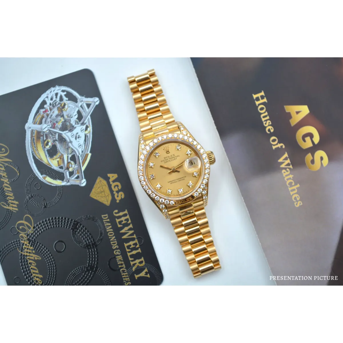ROLEX LADY DATEJUST 26 CHAMPAGNE DIAMOND DIAL PRESIDENT GOLD AUTOMATIC 1987 REF: 69158